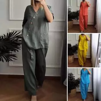 2 шт./компл., блузка и брюки, комплект с v-образным вырезом и пуговицами, топ с рукавами три четверти, широкие брюки с эластичной резинкой на талии, OL для поездок на работу XL армия зеленый