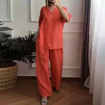 2 шт./компл. блузка и брюки, комплект с V-образным вырезом и пуговицами, декор с рукавами три четверти, топ с широкими штанинами, свободные брюки с эластичной резинкой на талии, повседневная домашняя одежда для поездок на работу, наряд XL армия зеленый