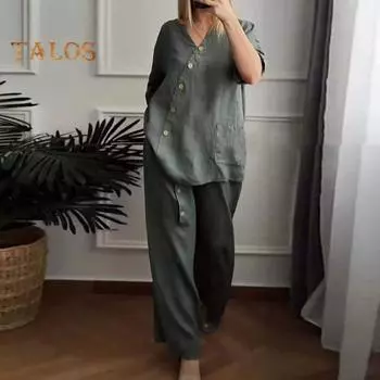 2 шт./компл. блузка и брюки, комплект с V-образным вырезом и пуговицами, декор с рукавами три четверти, топ с широкими штанинами, свободные брюки с эластичной резинкой на талии, повседневная домашняя одежда для поездок на работу, наряд XL армия зеленый