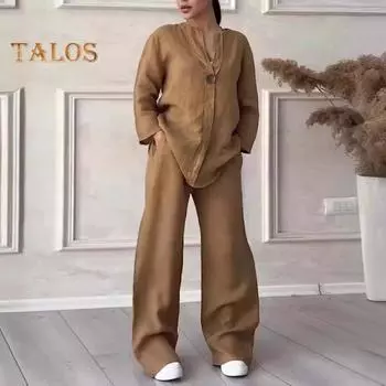 2 шт./компл., блузка, комплект брюк, V-образный вырез, длинные рукава, декор пуговиц, топ с широкими штанинами, свободные брюки с эластичной резинкой на талии, OL, повседневная домашняя одежда для поездок на работу, наряд M верблюд