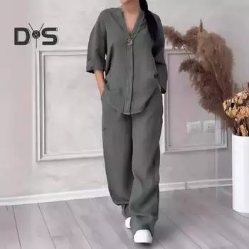 2 шт./компл., блузка, комплект брюк, V-образный вырез, длинные рукава, декор пуговиц, топ с широкими штанинами, свободные брюки с эластичной резинкой на талии, OL, повседневная домашняя одежда для поездок на работу, наряд M верблюд