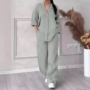 2 шт./компл., блузка, комплект брюк, V-образный вырез, длинные рукава, декор пуговиц, топ с широкими штанинами, свободные брюки с эластичной резинкой на талии, OL, повседневная домашняя одежда для поездок на работу, наряд M верблюд