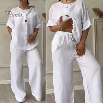 2 шт./компл., блузка, комплект брюк, V-образный вырез, длинные рукава, декор пуговиц, топ с широкими штанинами, свободные брюки с эластичной резинкой на талии, OL, повседневная домашняя одежда для поездок на работу, наряд M светло-синий