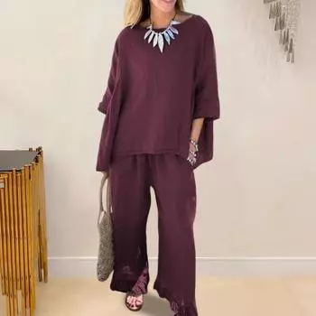 2 шт./компл. блузка с круглым вырезом, топ с рюшами, рукава три четверти, брюки, комплект с широкими штанинами, свободная резинка 3XL жёлтый