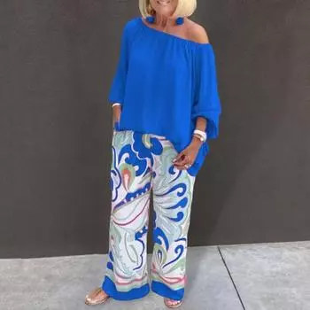 2 шт./компл. блузка с наклонным вырезом и рукавами, топ на одно плечо, девятый комплект брюк, широкий комплект со свободной эластичной резинкой на талии 2XL зелёный