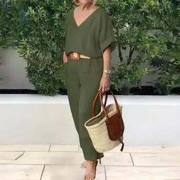 2 шт./компл. блузка с v-образным вырезом, длинными штанинами, свободными рукавами, топ, широкие брюки, комплект брюк с эластичной резинкой на талии XL армия зеленый