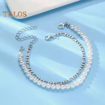 2 шт./компл. браслет унисекс с полой цепочкой из искусственного жемчуга, регулируемый двухслойный штабелируемый гладкий полированный браслет на запястье белый