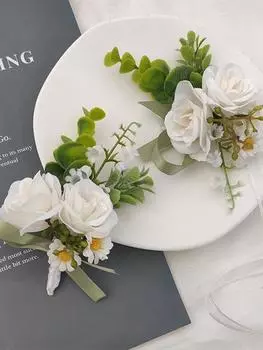 2 шт./компл. бутоньерки с розами для мужчин, свадебные запястья, цветочный корсаж, свадебный искусственный корсаж для формального ужина, осенняя деревенская свадьба wrist flower белый