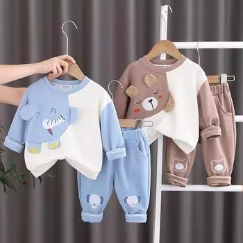2 шт./компл. Детская хлопковая осенняя детская одежда для мальчиков, лоскутная футболка с длинными рукавами и рисунком животных из мультфильма + штаны, модный повседневный спортивный костюм для малышей 80 коричневый