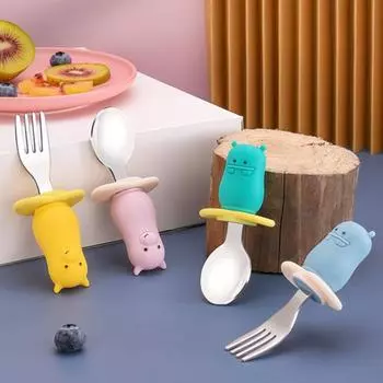 2 шт./компл., детская ложка, вилка, круглая форма, термостойкий пищевой материал, кухонная утварь для кормления детей для дома Hippo синий