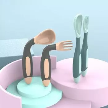 2 шт./компл., детская посуда, гибкий дизайн, портативная посуда, вспомогательная ложка для кормления малышей, вилка для малышей