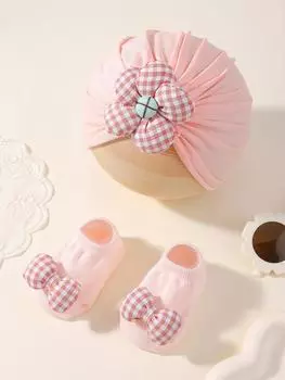 2 шт./компл. Детская шапочка Носки Однотонные Цветок Новорожденный Младенец Тюрбан Шапка Мягкий Хлопок Эластичная Малышка Девочки Шапка Противоскользящие Носки