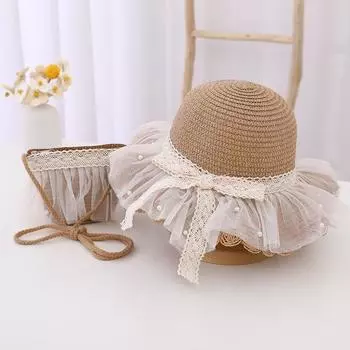 2 шт./компл., детская соломенная шляпа для девочек + упаковка, кружевная кепка от солнца с жемчужным бантом, летняя детская кепка для девочек, пляжная детская шляпа принцессы, рыбацкие шляпы, реквизит для фотографий one size белый