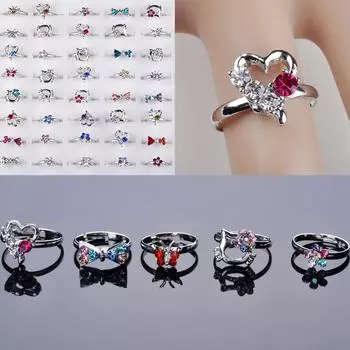 2 шт./компл. детские кольца со стразами для девочек и милыми сердечками аксессуары на палец Random color чистый