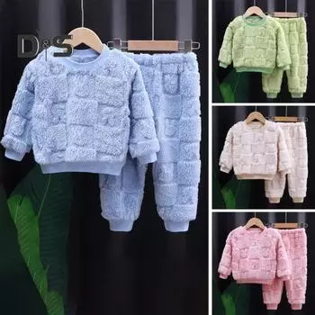 2 шт./компл. детский пижамный комплект осень-зима толстые теплые с круглым вырезом сплошной цвет термобелье для мальчиков и девочек верхние брюки с длинными рукавами брюки одежда для сна одежда для дома 100cm синий