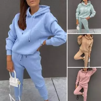 2 шт./компл., длинный рукав, карманы на шнурке, эластичный пояс, повседневная одежда со средней посадкой, женская весенняя однотонная толстовка с капюшоном, брюки M синий