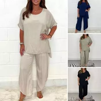 2 шт./компл. футболка длиной до щиколотки, комплект брюк с эластичной резинкой на талии, модные женские брюки больших размеров 2XL бежевый