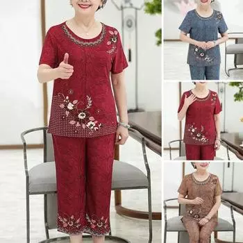 2 шт./компл., футболка для бабушки, брючный костюм, летний костюм с коротким рукавом и круглым вырезом, элегантный дышащий высокоэластичный топ с цветочным принтом для пожилых женщин, укороченный топ для мамы 4XL синий