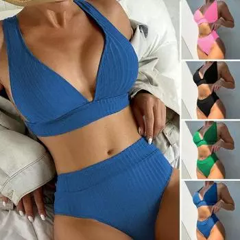 2 шт./компл., глубокий v-образный вырез, повязка на спине, однотонный комплект бикини, цветной ребристый женский бюстгальтер пуш-ап, высокий M синий