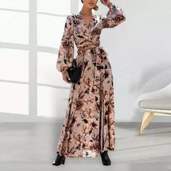 2 шт./компл. Юбка, топ, костюм с леопардовым принтом, комплект с длинным рукавом-фонариком, на шнуровке, с V-образным вырезом, на талии, с открытой высокой талией, с разрезом подол, макси-юбка, блузка, комплект L кофейный