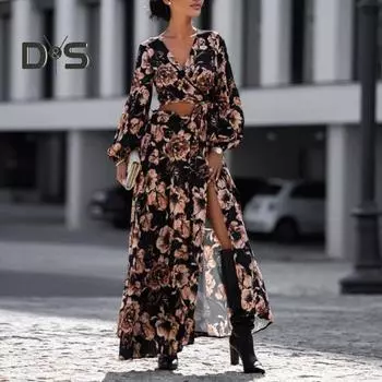 2 шт./компл. Юбка, топ, костюм с леопардовым принтом, комплект с длинным рукавом-фонариком, на шнуровке, с V-образным вырезом, на талии, с открытой высокой талией, с разрезом подол, макси-юбка, блузка, комплект L кофейный