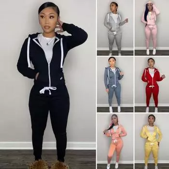 2 шт./компл., карманы с длинными рукавами, планка на молнии, эластичная талия, флисовая подкладка, женский спортивный костюм, осень-зима, однотонный 2XL чёрный