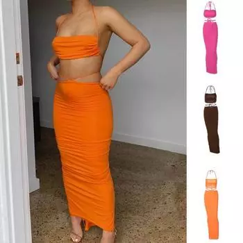 2 шт./компл. Клубный топ с юбкой, комплект с бретелькой на шее, облегающий крой, с открытой спиной, с открытыми плечами, без рукавов, топ-юбка, костюм, одежда для ночного клуба