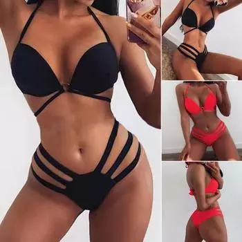 2 шт./компл. комплект бикини с бретелькой на шее сплошной цвет с несколькими ремнями прочный женский купальник M чёрный