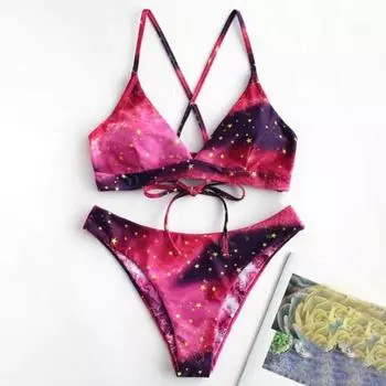 2 шт./компл. комплект бикини с градиентом, без косточек, со звездным принтом, пояс для купания, пляжный костюм M фиолетовый