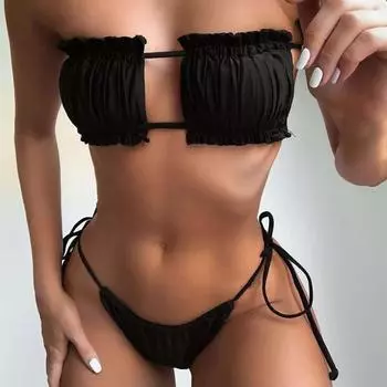 2 шт./компл. комплект бикини, сплошной цвет, дышащий женский плиссированный купальник со сборками для плавания S белый