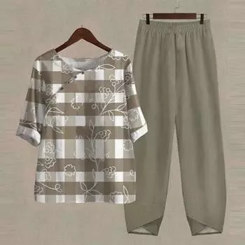 2 шт./компл., комплект из 2 шт./компл. с круглым вырезом и половиной рукавов, диск с пуговицами, эластичный пояс со средней посадкой, топ и брюки, женский комплект с цветочным принтом в клетку, широкий