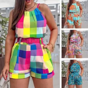 2 шт./компл., комплект из 2 шт./компл., без рукавов, с высокой талией, с карманами, пояс, жилет и шорты, повседневный наряд с красочным клетчатым принтом 3XL синий
