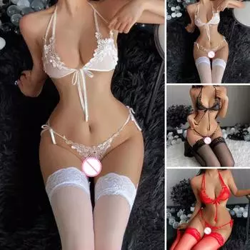 2 шт./компл. комплект из бюстгальтера и трусиков с цветочной аппликацией, сплошной цвет, прозрачное кружево, шнуровка, бретелька на шее, эластичная открытая промежность, тонкая мягкая высокая талия, для медового месяца