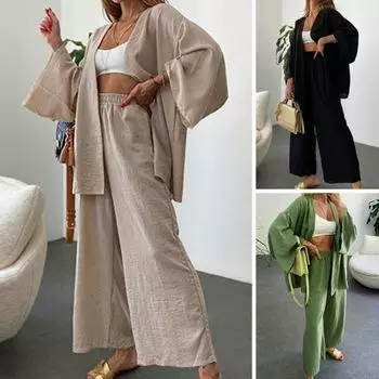 2 шт./компл. комплект из кардигана и брюк, однотонный свободный комплект с широкими штанинами и эластичной резинкой на талии, с глубоким промежутком и карманами с длинными рукавами, мягкое женское пальто L зелёный