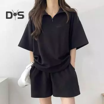 2 шт./компл., комплект из толстовки и шорт, свободный однотонный комплект с лацканами и половиной рукавов, карманы с эластичной резинкой на талии, воротник на молнии, дышащий мягкий летний спортивный костюм XL синий