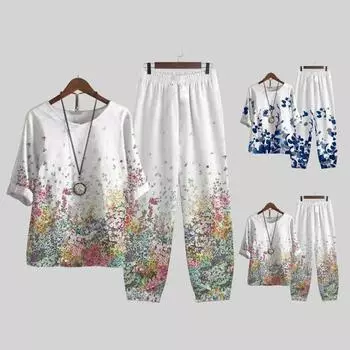2 шт./компл., комплект из топа и брюк с круглым вырезом и половиной рукавом, эластичный пояс со средней посадкой, женский комплект с широкими штанинами с ярким цветочным принтом L белый