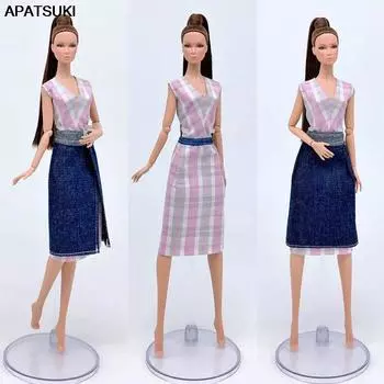 2 шт./компл. комплект модной одежды для куклы Барби, красочное клетчатое платье и джинсовая юбка 1/6, аксессуары для кукол, детские игрушки разноцветный