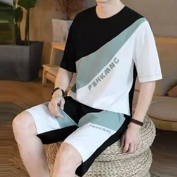 2 шт./компл., комплект мужской спортивной одежды, футболка с короткими рукавами и круглым вырезом, карманы, широкие шорты, комплект в стиле пэчворк L чёрный