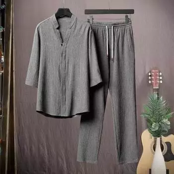 2 шт./компл., комплект мужской спортивной одежды, полутопы с v-образным вырезом, эластичный шнурок на талии, длинные брюки с регулируемыми рукавами, комплект, одноцветный повседневный наряд L белый