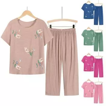 2 шт./компл. комплект одежды для дома с круглым вырезом и коротким рукавом, футболка с цветочным принтом, брюки, свободный комплект из двух предметов, женский костюм среднего возраста, домашняя одежда