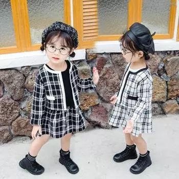 2 шт./компл. комплект одежды в клетку для маленьких девочек, кардиган с длинными рукавами, куртка, пальто + плиссированное платье-пачка, осенне-зимняя детская одежда, От 1 до 6 лет 2XL/130