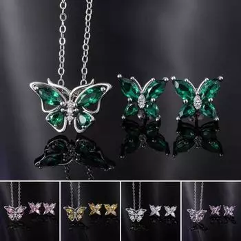 2 шт./компл., комплект ожерелья и серег, блестящие стразы, подвеска в форме бабочки, ожерелье, серьги-гвоздики, комплект ювелирных изделий, подарок розовый
