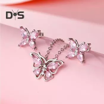 2 шт./компл., комплект ожерелья и серег, блестящие стразы, подвеска в форме бабочки, ожерелье, серьги-гвоздики, комплект ювелирных изделий, подарок розовый