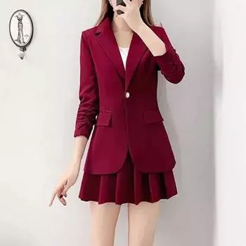 2 шт./компл., комплект пальто с юбкой, женский весенний комплект с лацканами и длинными пуговицами, один осенний костюм, пальто, плиссированный комплект мини-юбки, однотонный XXL чёрный