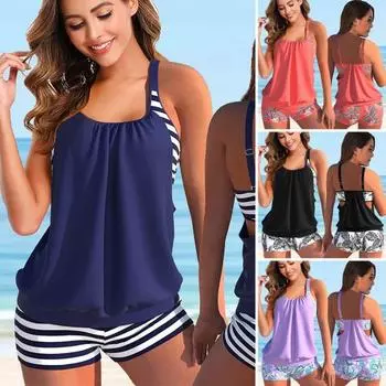 2 шт./компл. комплект пляжного бикини Цветочный цвет U-принт с однотонным вырезом без рукавов Свободное плавание 2XL красный