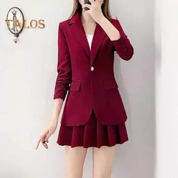 2 шт./компл., комплект с юбкой, женский весенне-осенний комплект с лацканами и длинными рукавами, костюм на одной пуговице, плиссированный комплект с мини-юбкой, одноцветный комплект M чёрный