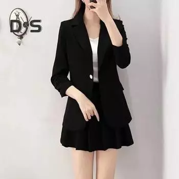 2 шт./компл., комплект с юбкой, женский весенне-осенний комплект с лацканами и длинными рукавами, костюм на одной пуговице, плиссированный комплект с мини-юбкой, одноцветный комплект M красный