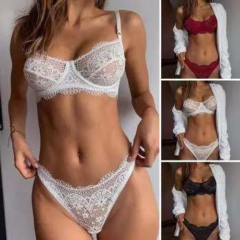2 шт./компл., комплект сексуального прозрачного кружевного нижнего белья, бюстгальтер на бретельках, комплект трусов со средней посадкой, однотонный ультратонкий комплект нижнего белья M чёрный