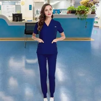 2 шт./компл. комплект унисекс больничной формы с v-образным вырезом и короткими рукавами, боковые карманы, топ, комплект брюк с эластичной резинкой на талии L темно-синий
