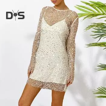 2 шт./компл., комплект женских платьев, прозрачное сетчатое платье с пайетками и длинными рукавами, с круглым вырезом и V-образным вырезом, платье-комбинация, мини-платье для вечеринки и клуба S белый